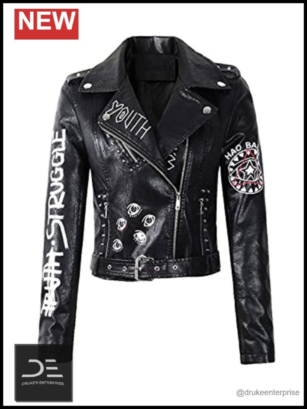 Faux Leather Punk Biker Motorcycle Jacket Slim Fit with Belt